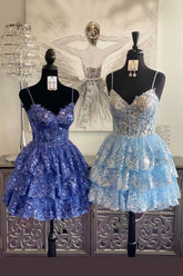 Cute A-Line Sequin Lace Corset Bodice Tiered Homecoming Dress